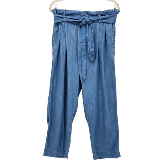 Madewell Womens 8 Pants Denim Paperbag Pants Blue Pleated High Rise Belted - Picture 1 of 9